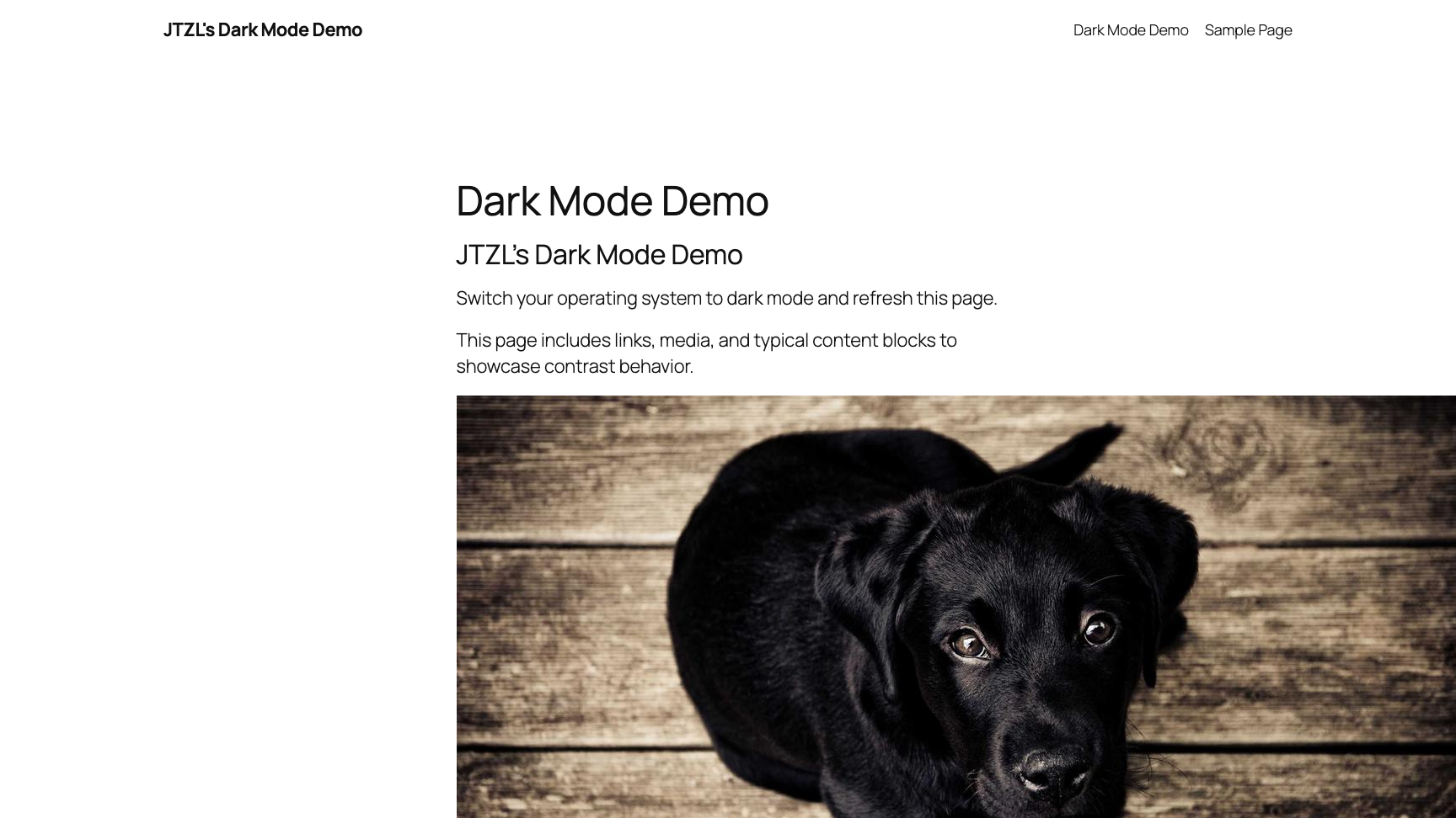 JTZL's Dark Mode plugin showing a WordPress site with automatic dark mode applied